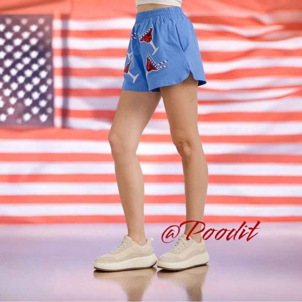 FANTASTIC FAWN patriotic blue sequin cocktail glass accent shorts S M L - Picture 4 of 10